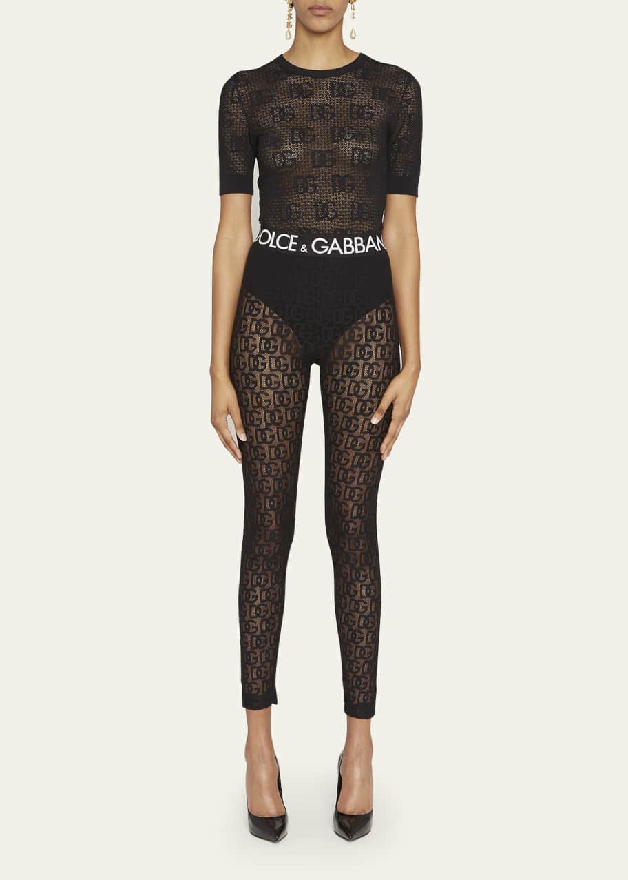 Dolce&Gabbana DG Logo Jacquard Tulle Leggings w/ Logo Band
