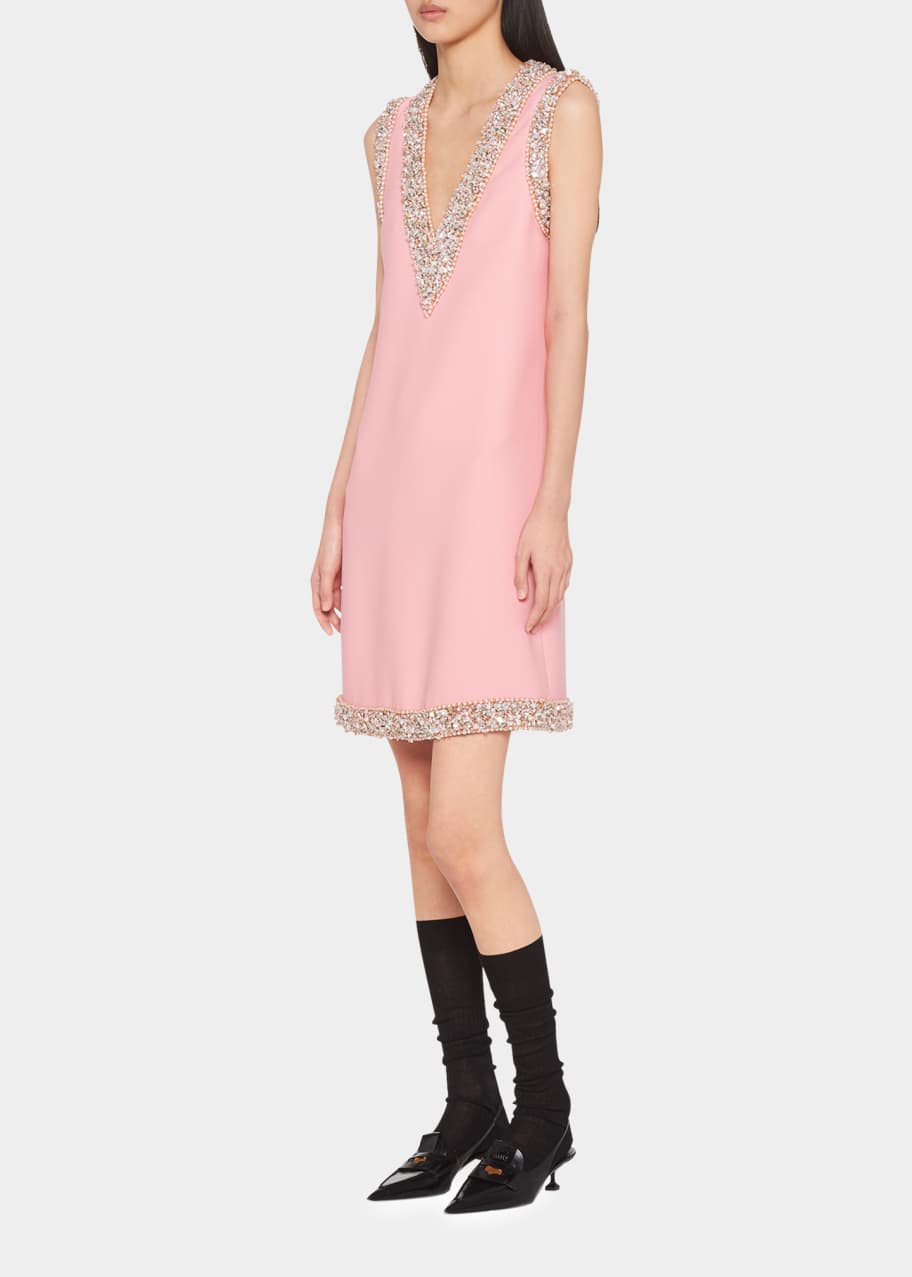Miu Miu V-Neck Cady Embellished Shift Dress Bergdorf Goodman