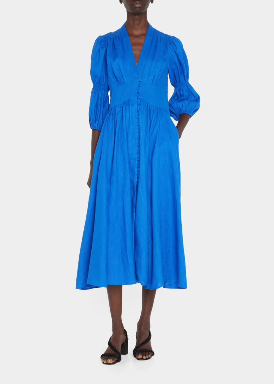 cult gaia willow dress blue Cult Gaia Willow Puff-Sleeve Button-Front Midi Cotton Dress