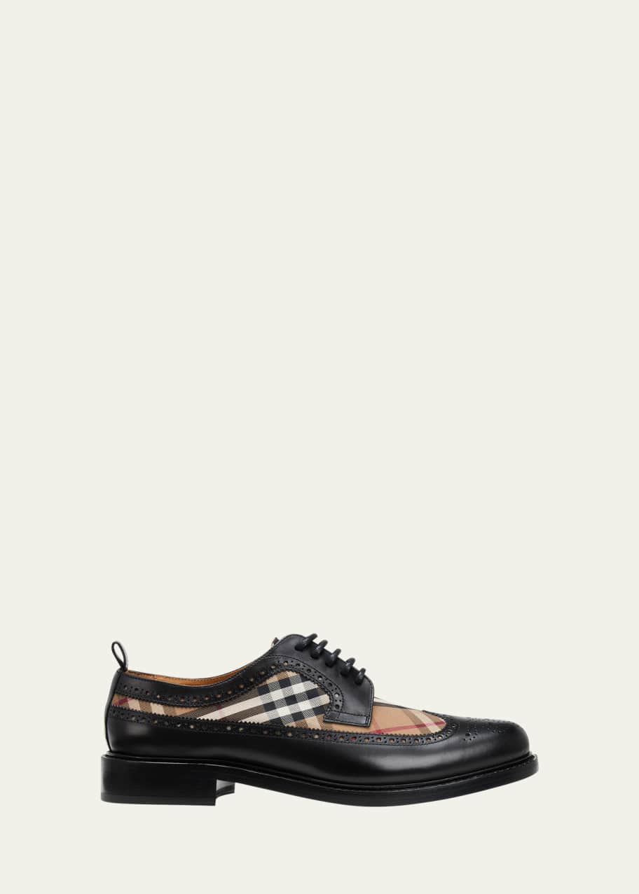 Men s Leather Check Textile Wingtip Oxford Shoes