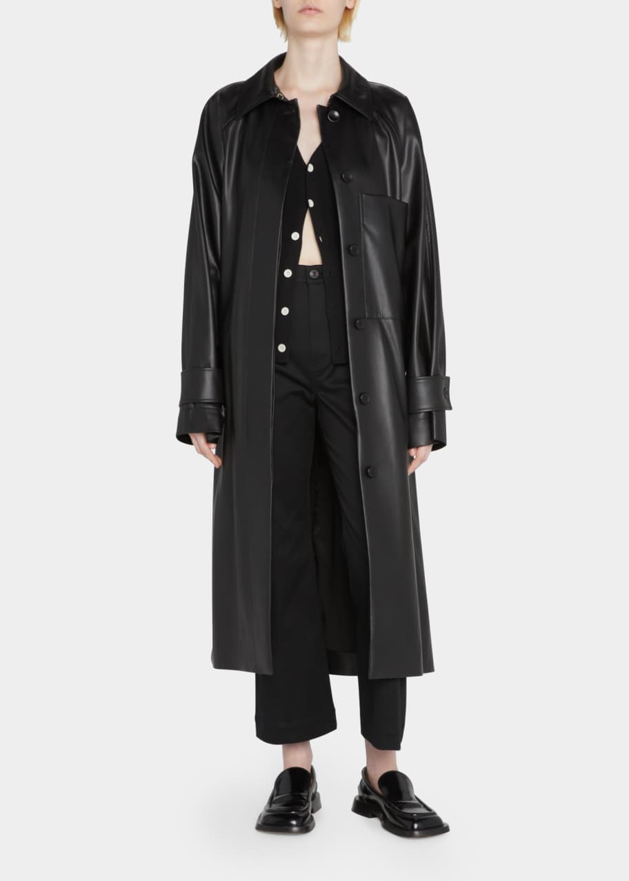 Long Belted Faux Leather Trench Coat