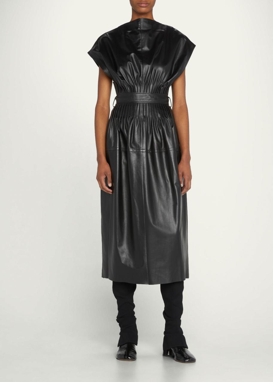 Proenza Schouler Leather Pintuck Belted Midi Dress