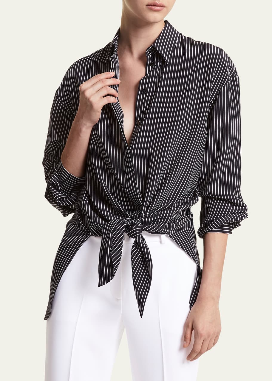 Striped Tie Front Silk Shirt