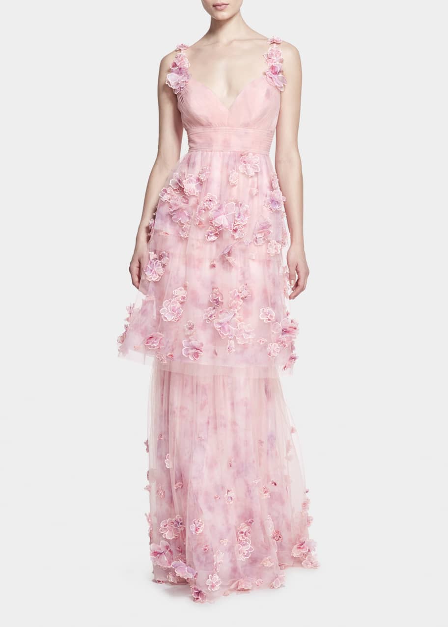 Marchesa Notte Pleated Tiered Tulle Gown w/ 3D Flowers - Bergdorf Goodman