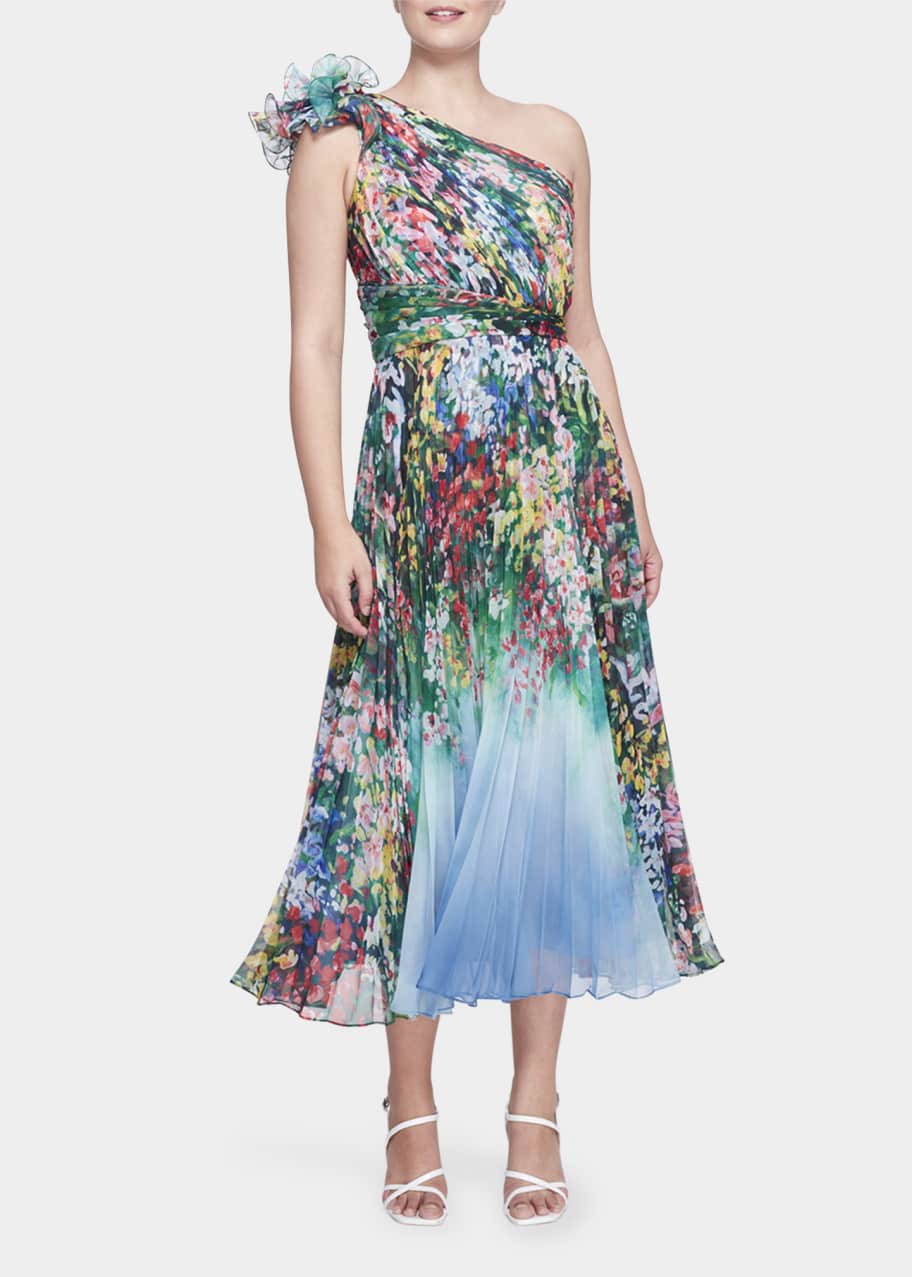 Marchesa Notte One-Shoulder Pleated Chiffon Floral-Print Gown ...