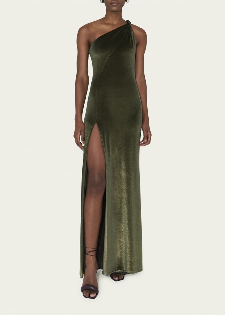 Galvan Kilter Twist One-Shoulder Thigh-Slit Velvet Gown - Bergdorf Goodman