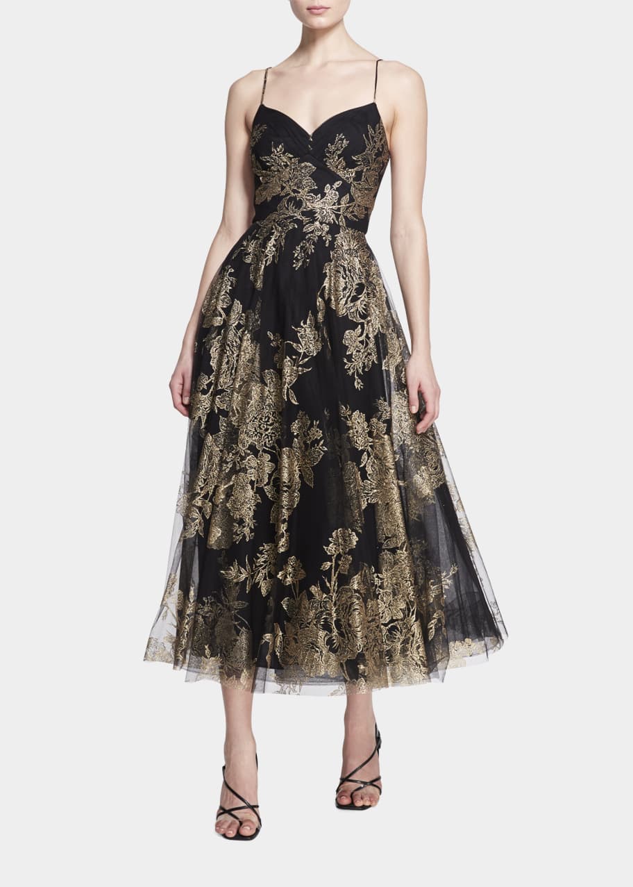 Marchesa Notte Glitter Floral Tulle A-Line Dress