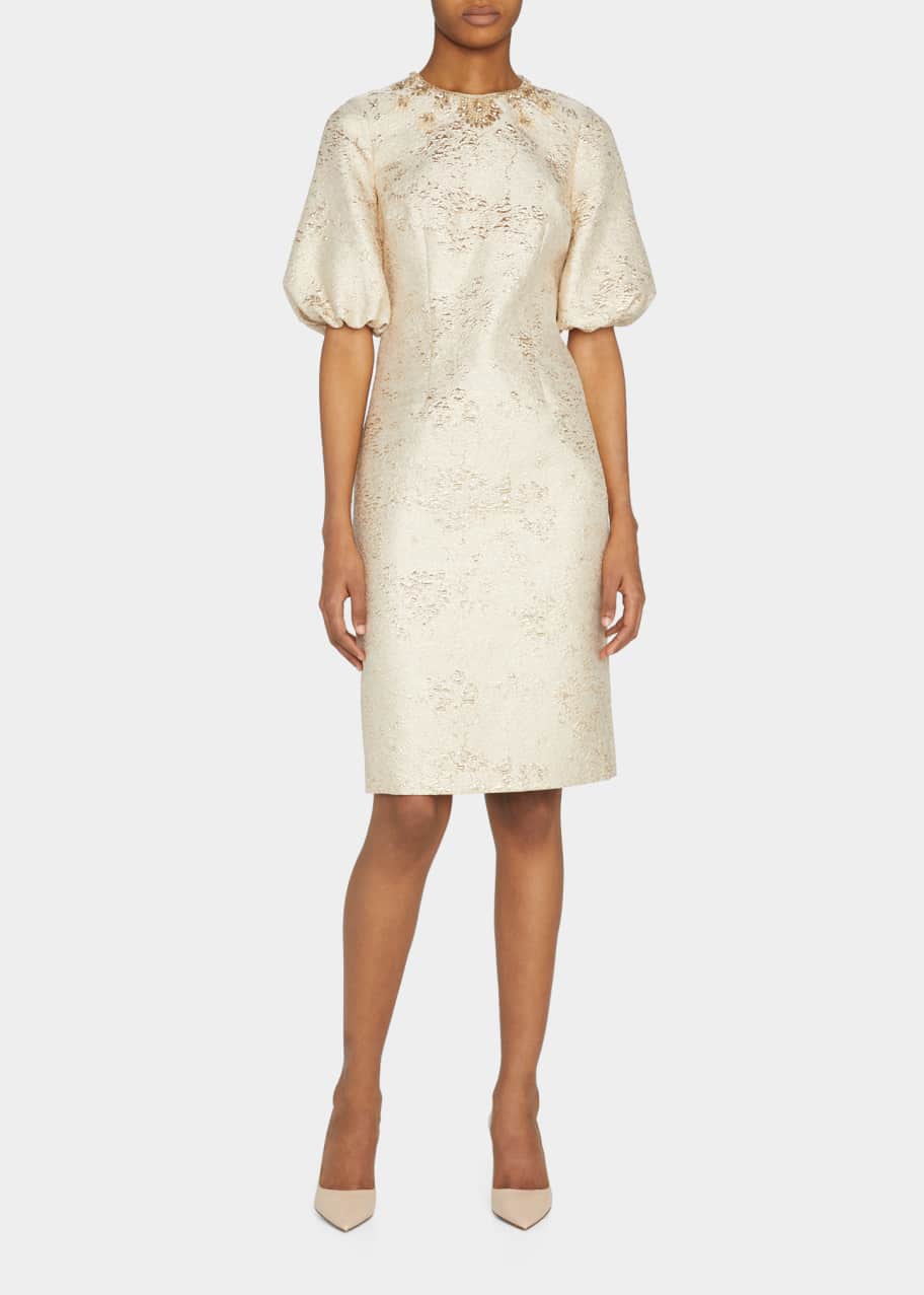 rickie freeman for teri jon puff-sleeve jacquard cocktail dress Beaded Jacquard Puff-Sleeve Dress