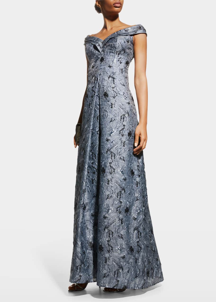 Rickie Freeman for Teri Jon Pleated Off-Shoulder Jacquard Gown - Bergdorf  Goodman