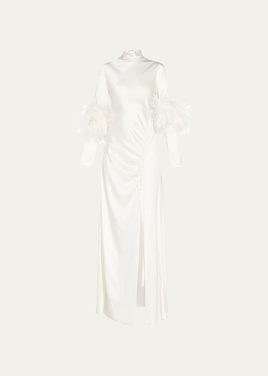 LAPOINTE Feather-Trim Ruched Satin Bias Gown - Bergdorf Goodman