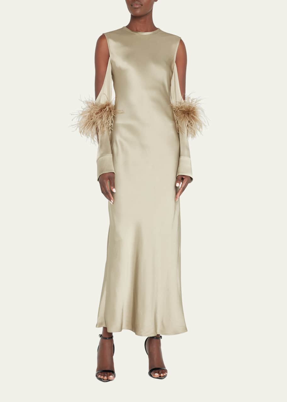 LAPOINTE Satin Bias Cutout Dress with Feather-Trim - Bergdorf Goodman