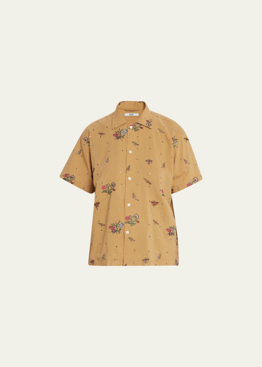 Bode Micro Bird Embroidered Short Sleeve Button Up Shirt - Bergdorf Goodman