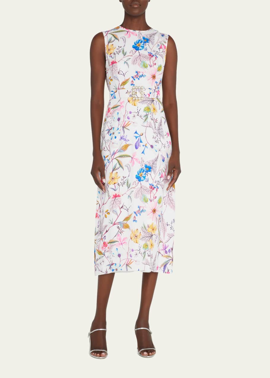 Andrew Gn Floral-Print Pearl-Trim Belted Silk Midi Dress - Bergdorf Goodman