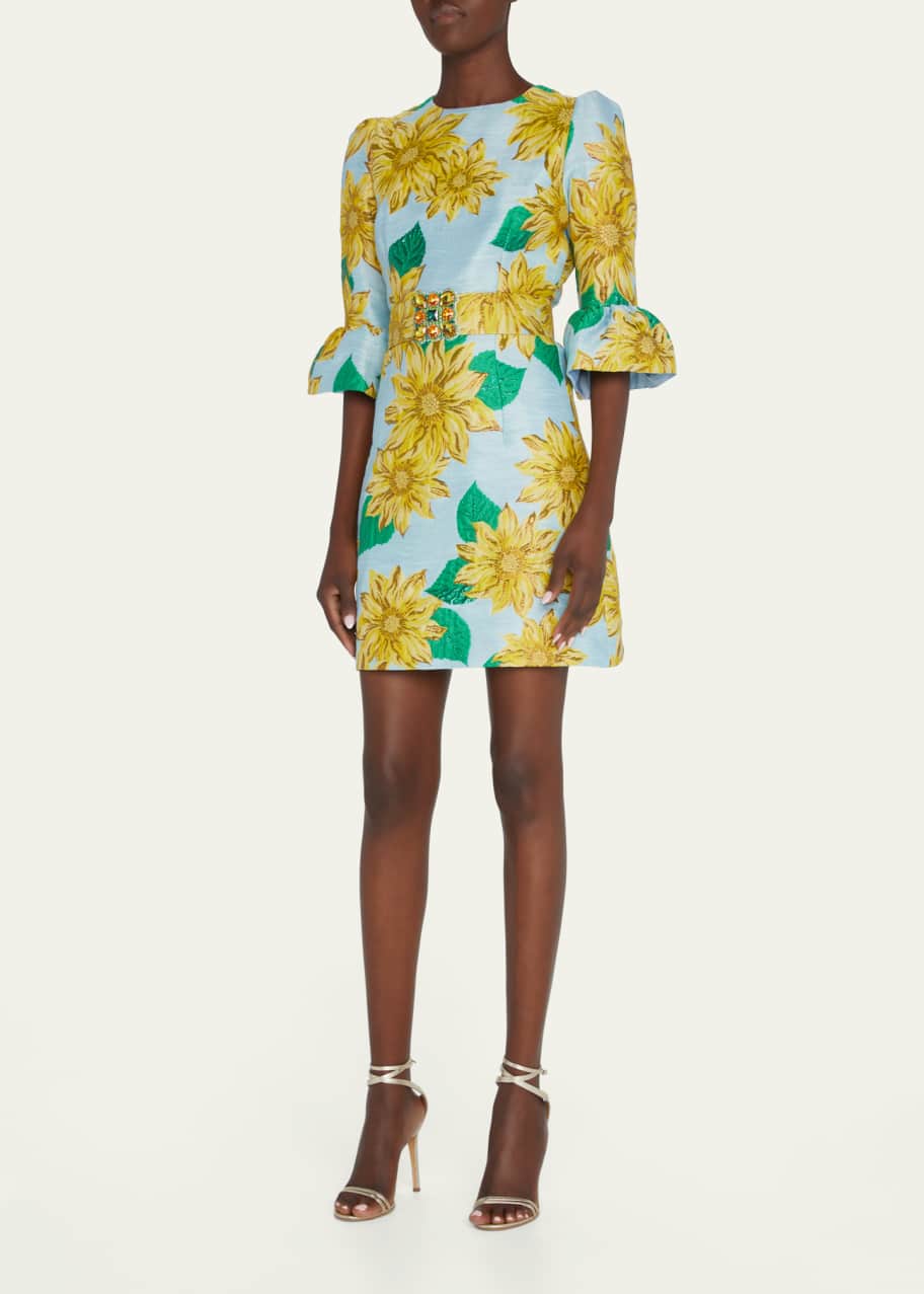 Andrew Gn Sunflower Brocade Mini Dress with Jewel-Embellished Belt ...