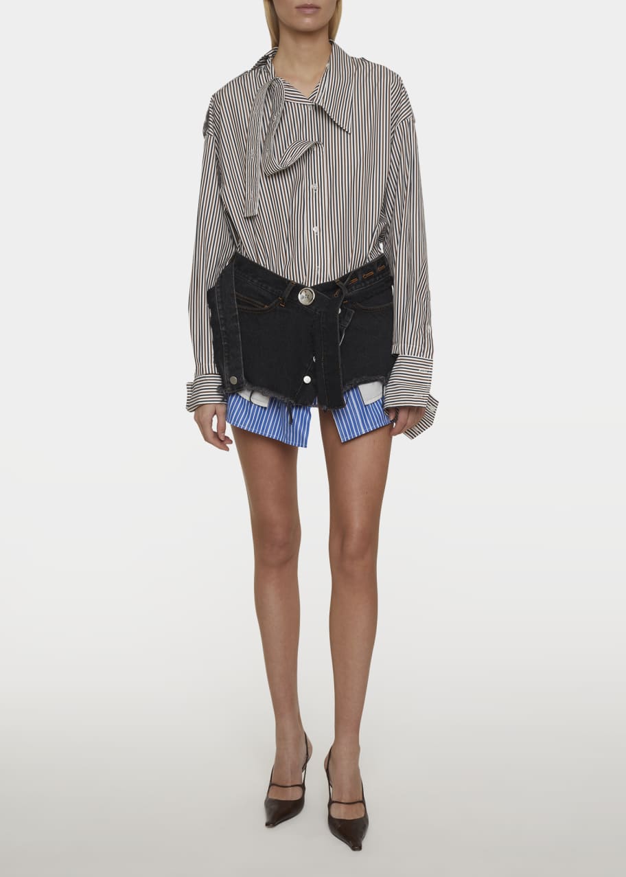 MERYLL ROGGE Denim Mini Wrap Skirt with Stripe Shirting - Bergdorf Goodman