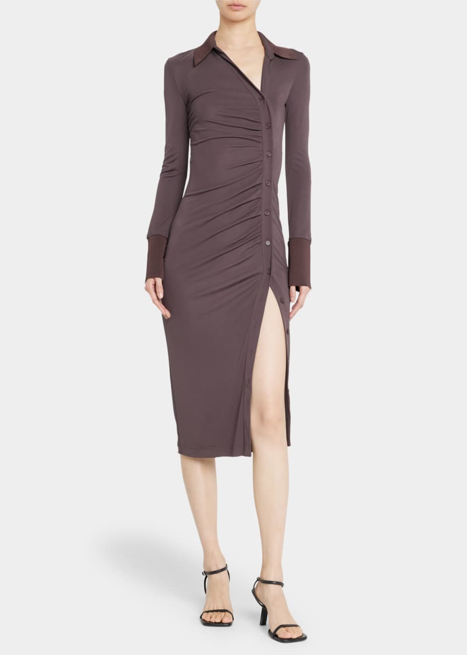 Helmut Lang Asymmetric Gathered Button Front Midi Shirt Dress