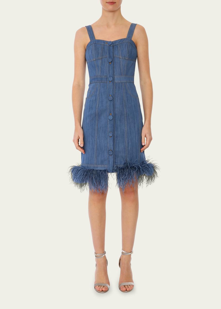 Huishan Zhang Feather-Trim Denim Dress