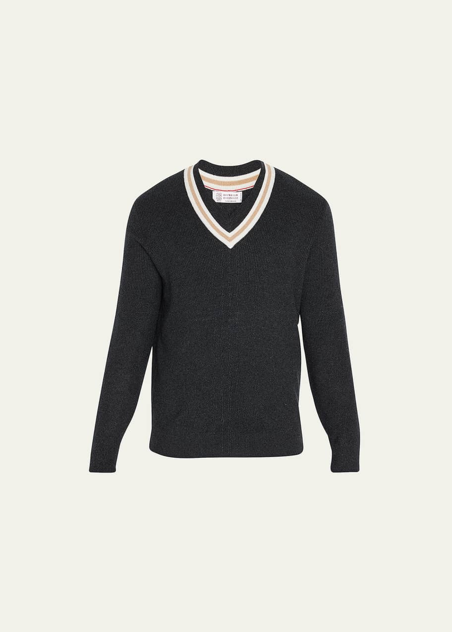 Brunello Cucinelli Men's Cashmere Varsity V-Neck Sweater