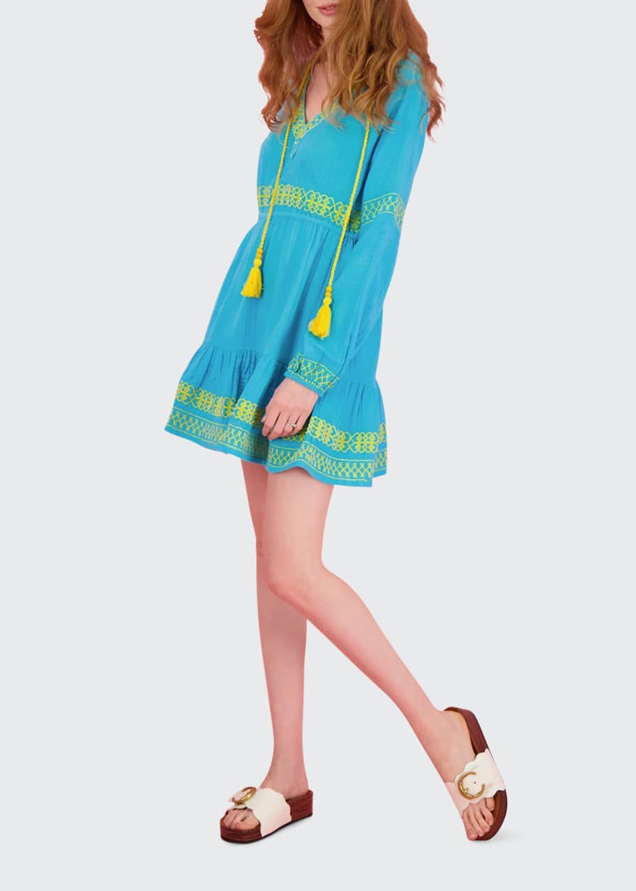 tassel embroidered dress Sage Green Tiered Dress with Multicolor Embroidered Yoke and Tassel Tie-Up-P1915SAGEGREEN Green / XL