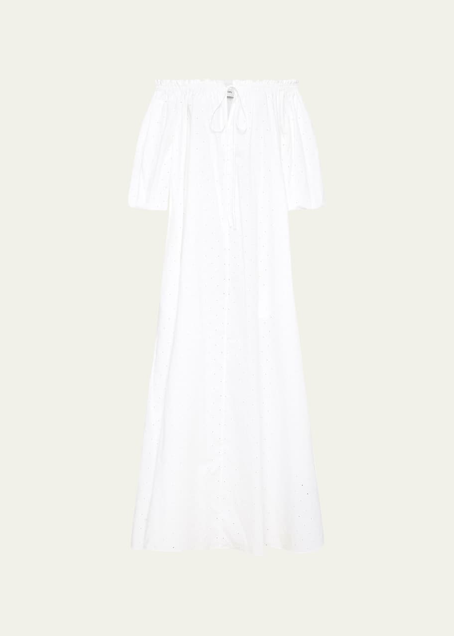 off shoulder broderie dress White Off Shoulder Broderie Maxi Beach Woven Dress