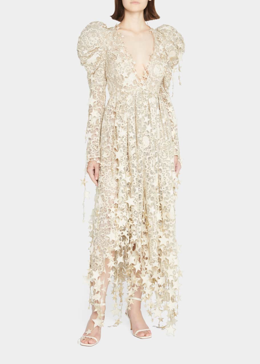Zimmermann Celestial Zodiac Star Cut-Out Puffed Sleeve Gown