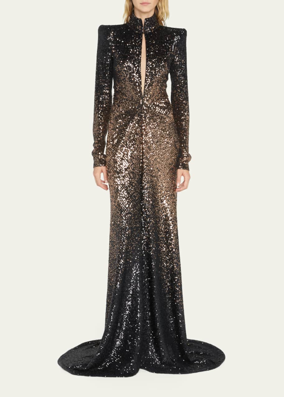Naeem Khan Ombre Sequin Strong-Shoulder Collared Gown - Bergdorf Goodman