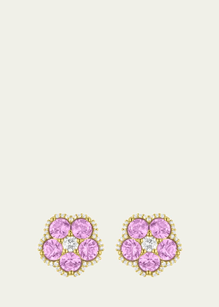 Image 1 of 1: 18K Yellow Gold Wild Child Stud Earrings with Diamonds and Pink Sapphires