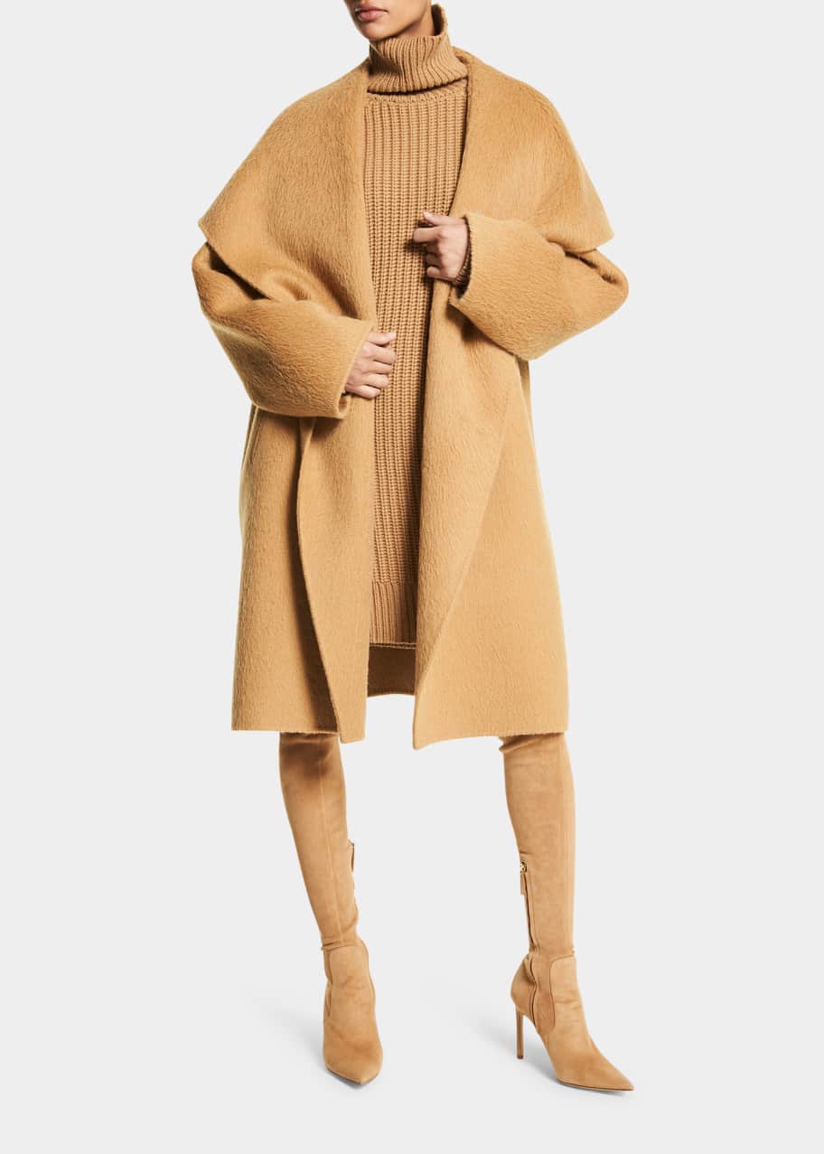 Hooded Fuzzy Wool Shawl Coat