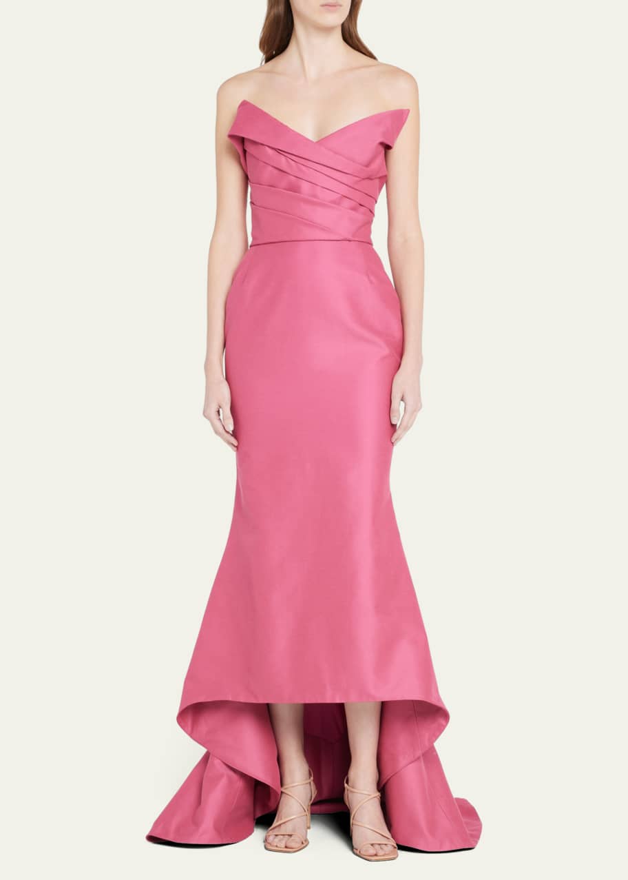 Marchesa Strapless High Low Silk Faille Trumpet Gown with Draped