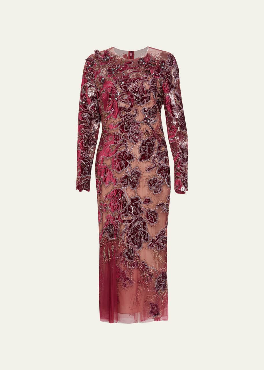 Marchesa Beaded Velvet Floral Tulle Midi Dress - Bergdorf Goodman