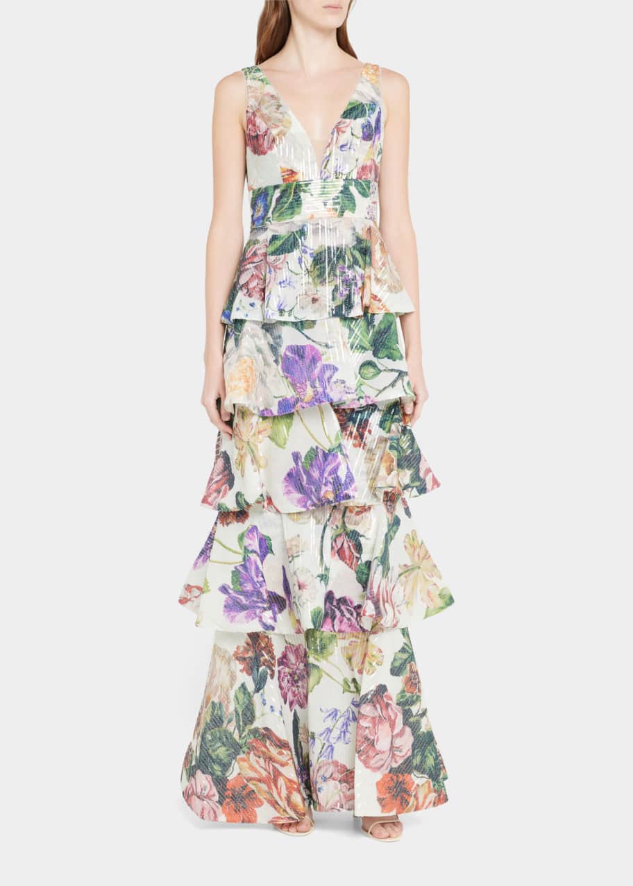 Image 1 of 1: Plunging Floral Sequin Tiered Gown