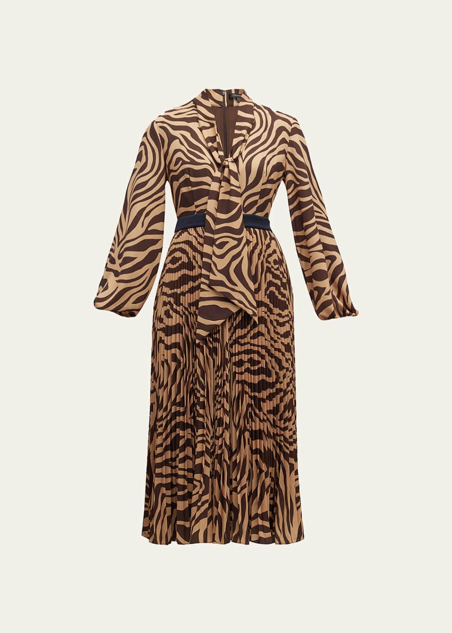 Toccin Pleated Zebra-Print Blouson-Sleeve Midi Dress - Bergdorf Goodman