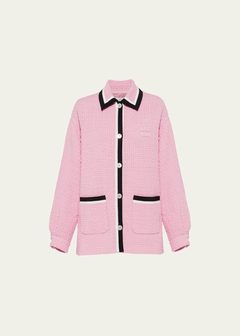 Miu Miu Logo-Embroidered Tweed Cardigan Jacket - Bergdorf Goodman