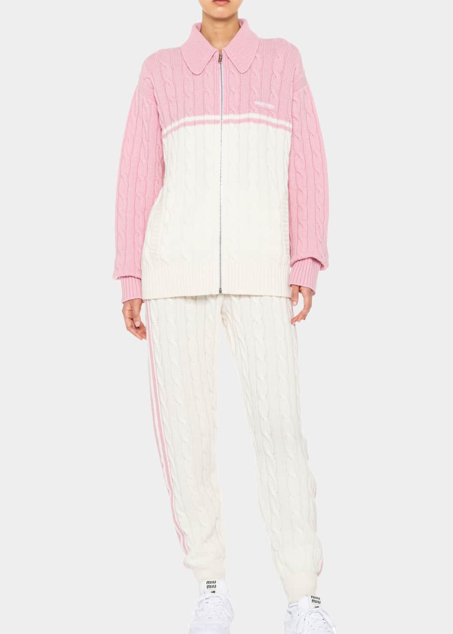 Miu Miu Bicolor Cable-Knit Zip-Front Wool Cardigan