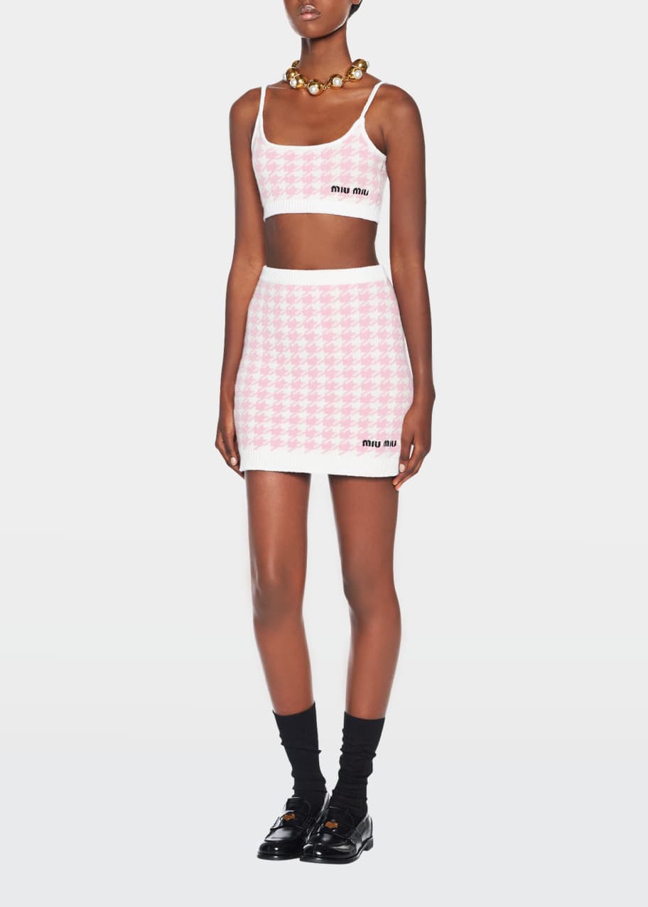 Miu Miu Houndstooth Logo-Embroidered Cashmere Mini Skirt
