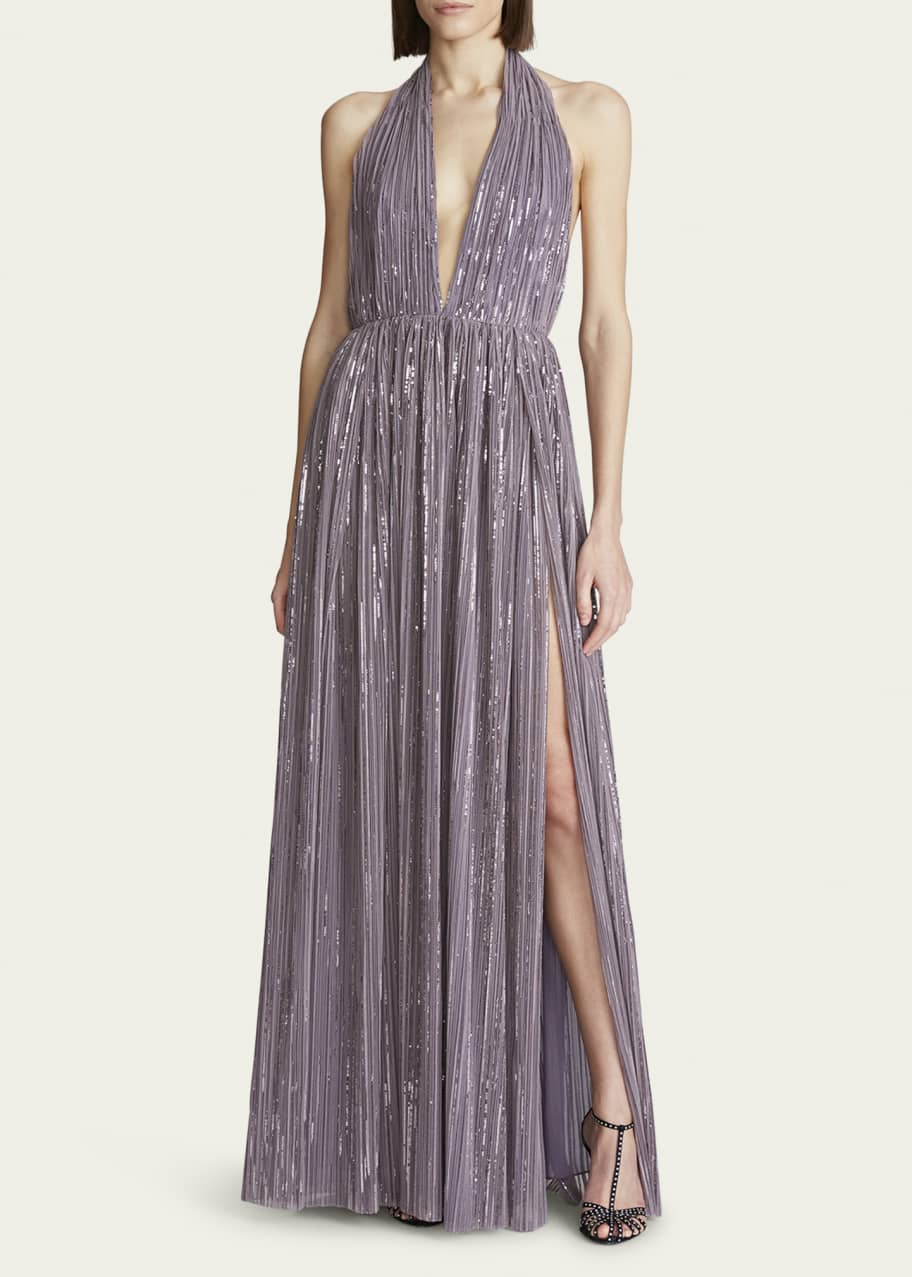 open lace back dress Herv L. Leroux Black Pleated Plunge Maxi Dress 42 / Black