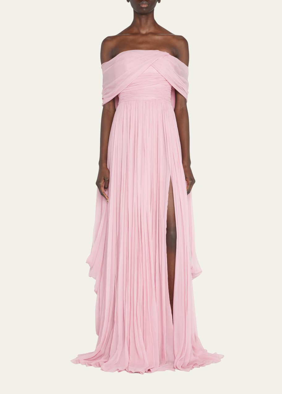 pamella roland pink dress Pamella Roland Off-the-Shoulder Chiffon Caped Gown