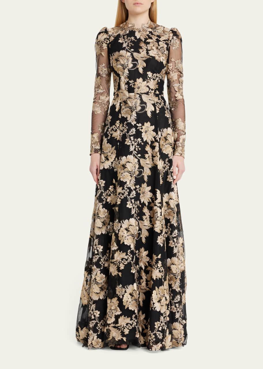 Reem Acra Embroidered Fit-Flare Gown - Bergdorf Goodman