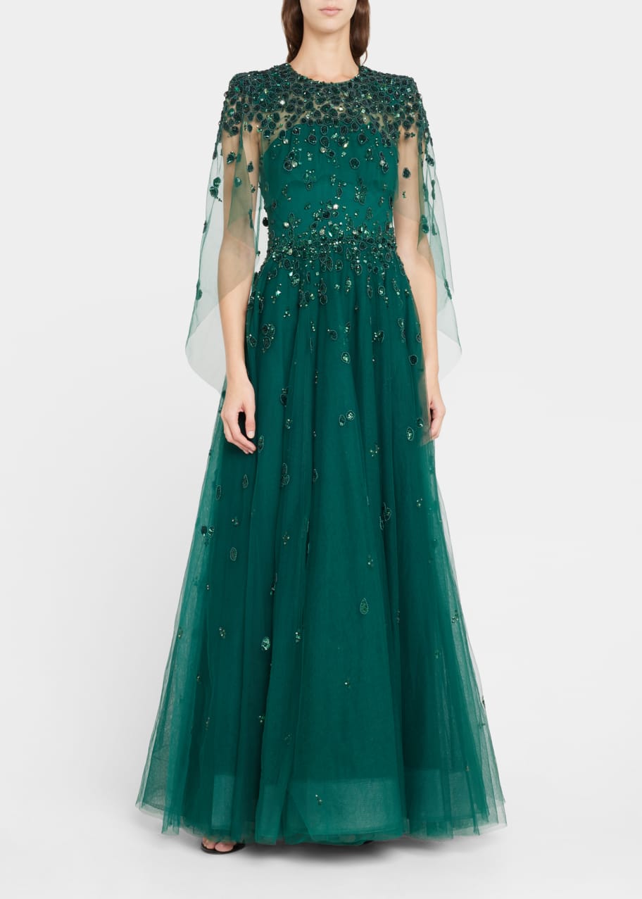Jenny Packham Charming Embellished Gown w/ Cape Detail - Bergdorf Goodman