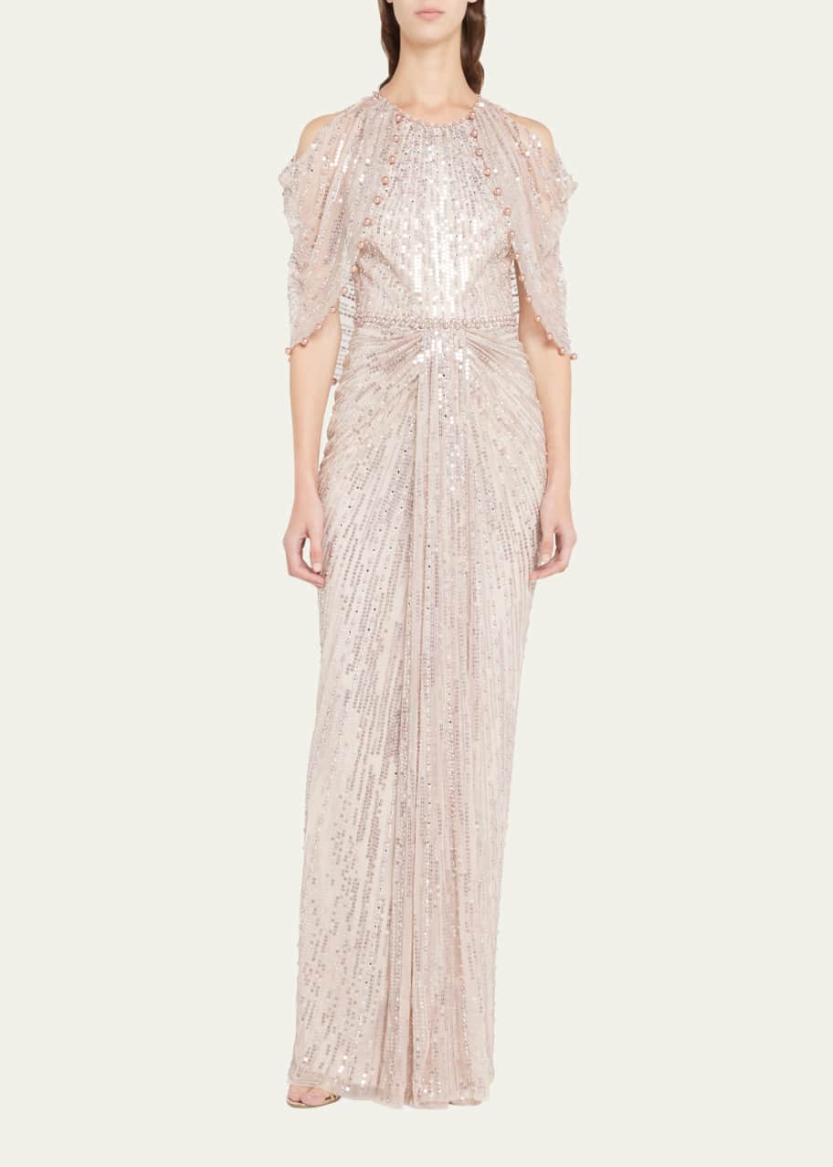 green emerald velvet dress Cairo Sequin Gown with Sheer Cape