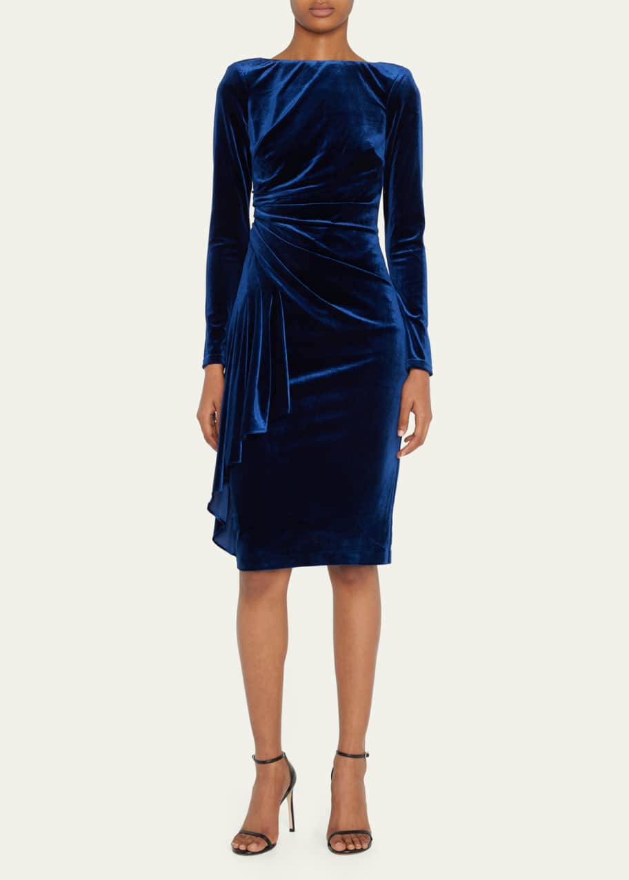 Badgley Mischka Collection Draped Long-Sleeve Velvet Midi Dress ...