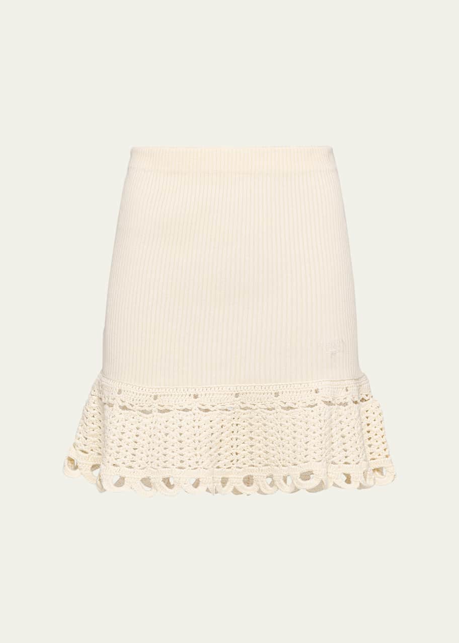 Prada Logo-Embroidered Rib Mini Skirt with Crochet Hem