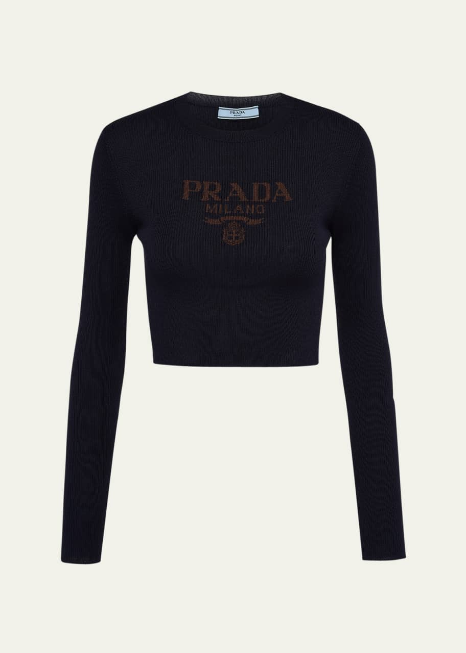 Prada Logo-Intarsia Rib Cropped Silk Sweater - Bergdorf Goodman