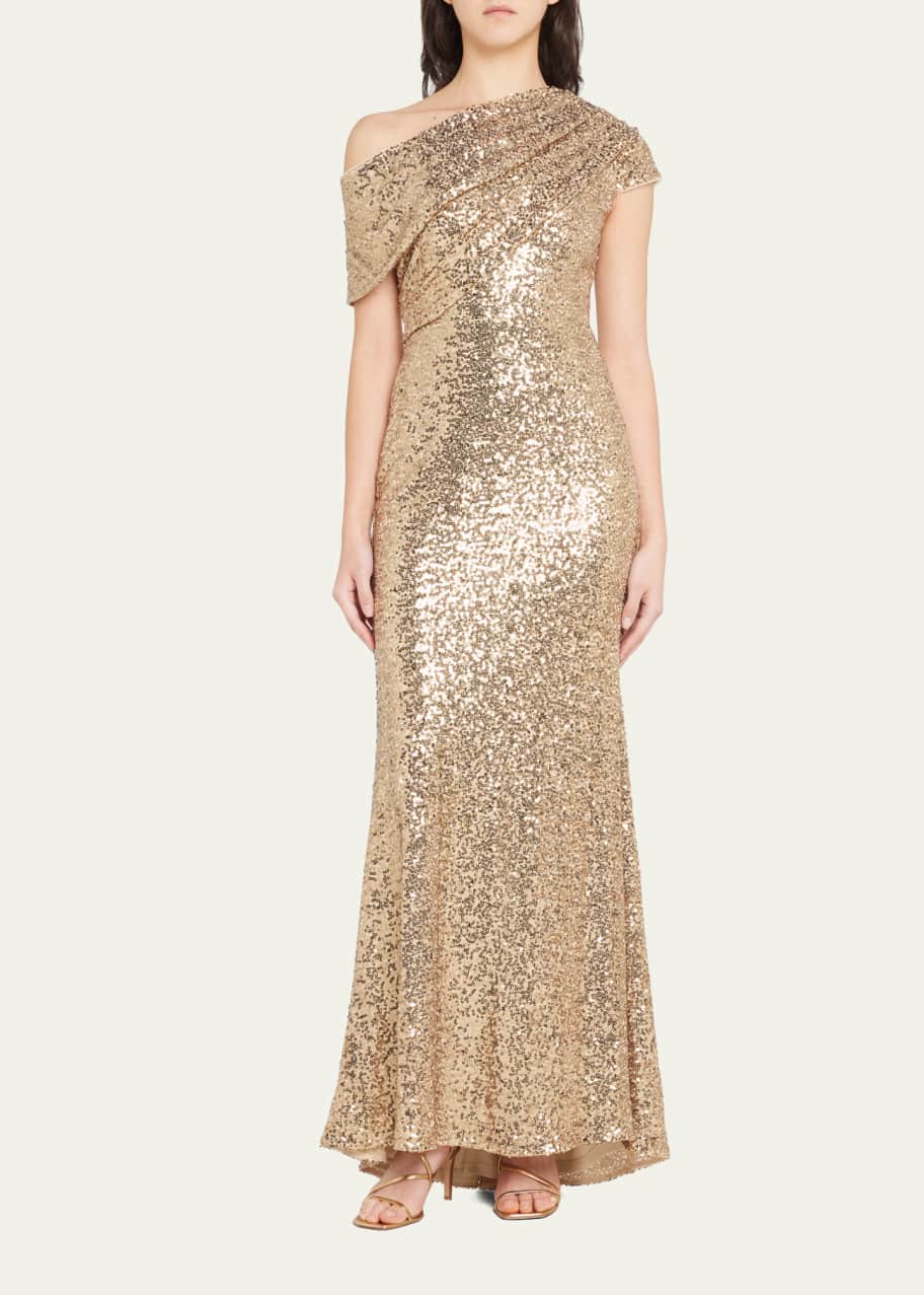badgley mischka gold sequin dress Badgley Mischka Draped Sequined Tulle Gown – CHIC Kuwait Luxury Outlet main image 0