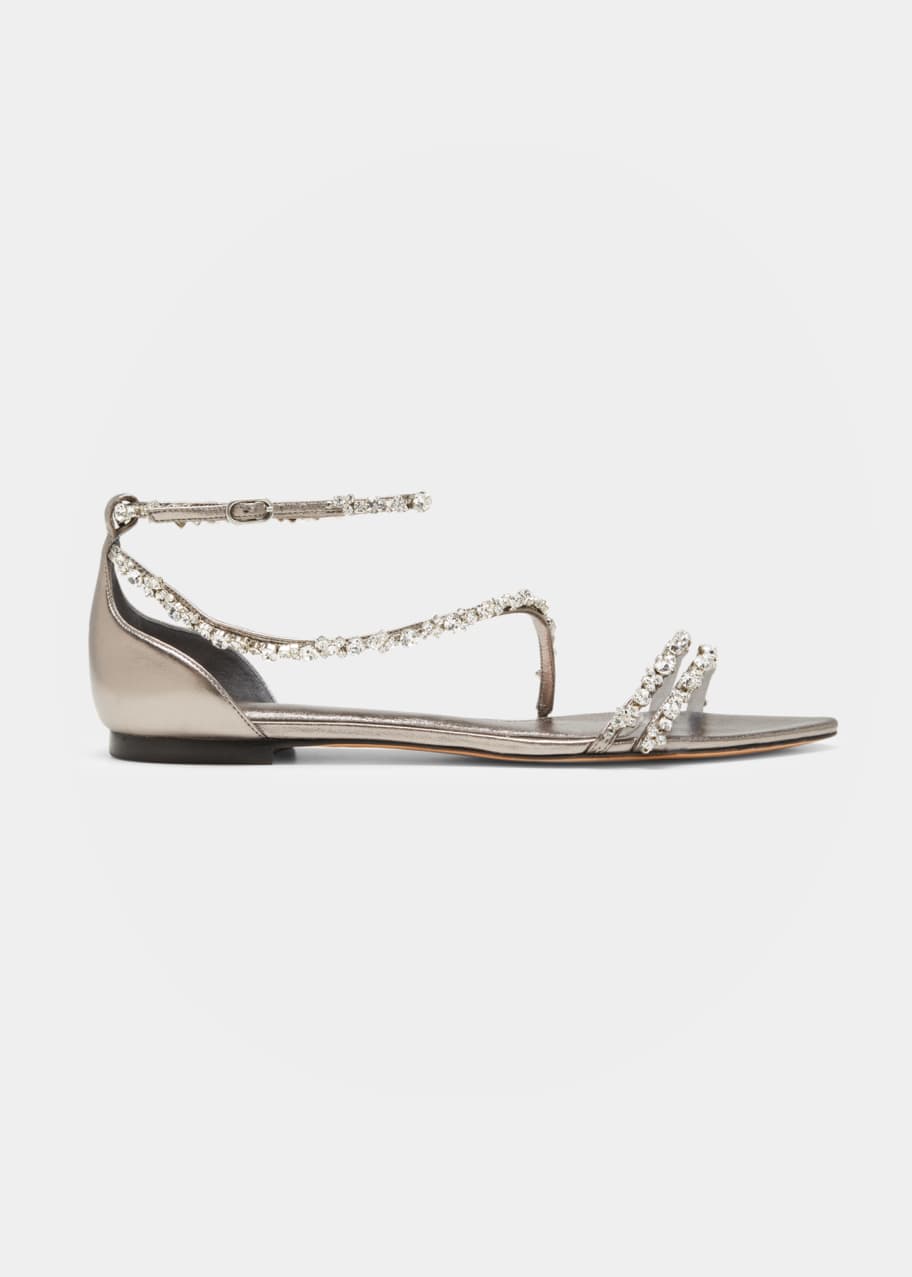 Alexandre Birman Demi Crystal Metallic Leather Flat Sandals