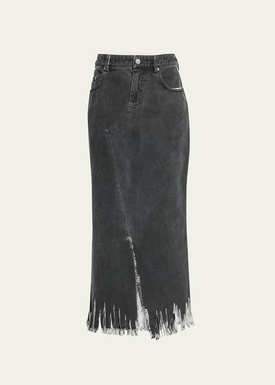 Image 1 of 1: Distressed Side-Slit Midi Denim Skirt
