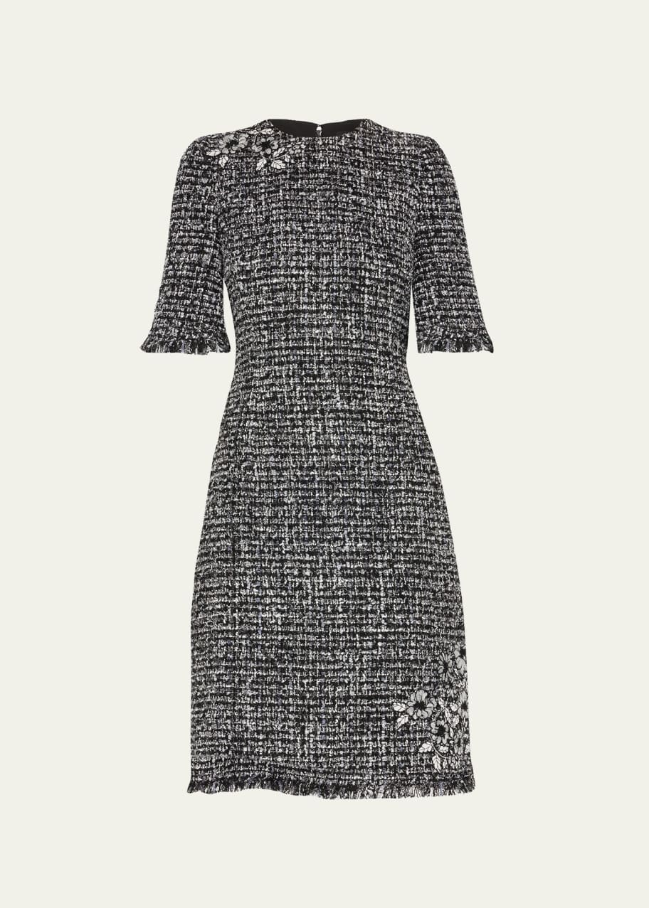 Rickie Freeman for Teri Jon Tweed Floral Applique Fringe Trim Dress Bergdorf Goodman