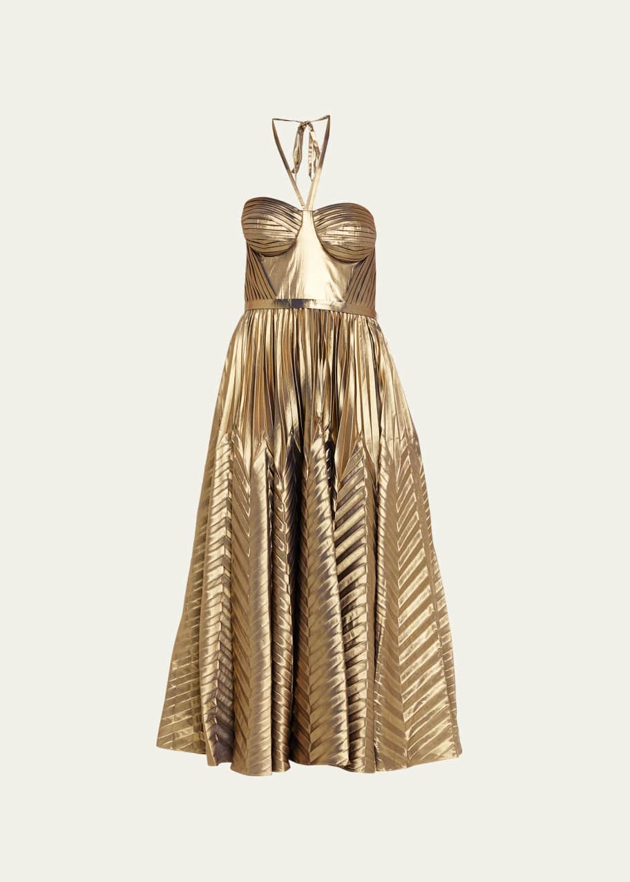 Marchesa Notte Chevron Pleated Georgette Halter Gown Bergdorf