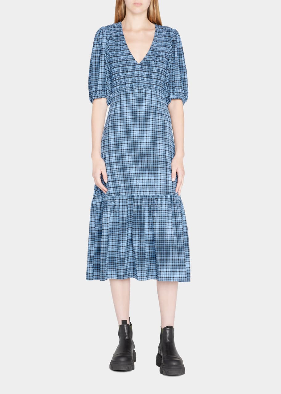 Ganni Plaid Stretch-Seersucker Midi Dress Bergdorf Goodman