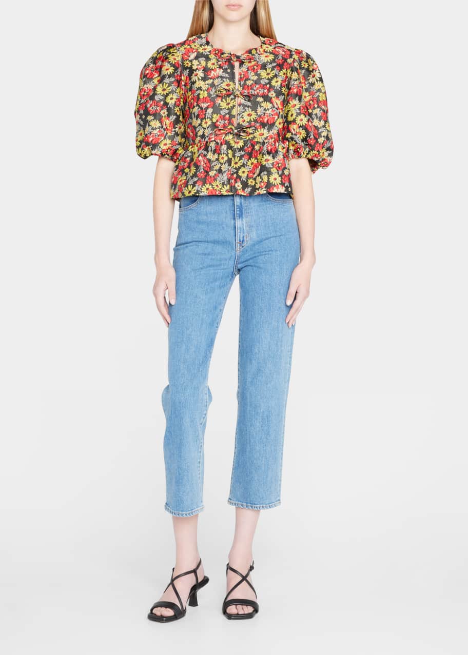 Front-Tie Floral Jacquard Peplum Top